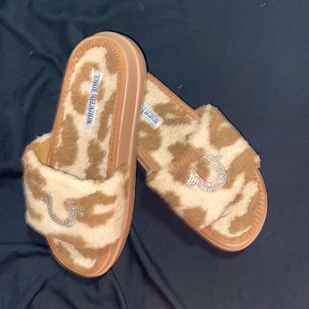 True Religion cheetah platform slides